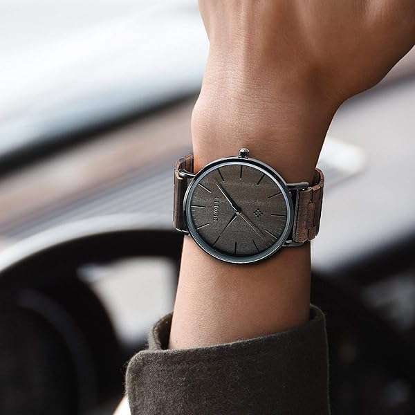 BEWELL BEWELL Slim Wooden Watches for Men & Women - Minimalist Analog Quartz Couple Wrist Watch W163A (Black) - View 3 of 7