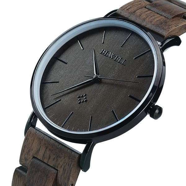 BEWELL BEWELL Slim Wooden Watches for Men & Women - Minimalist Analog Quartz Couple Wrist Watch W163A (Black) - View 4 of 7