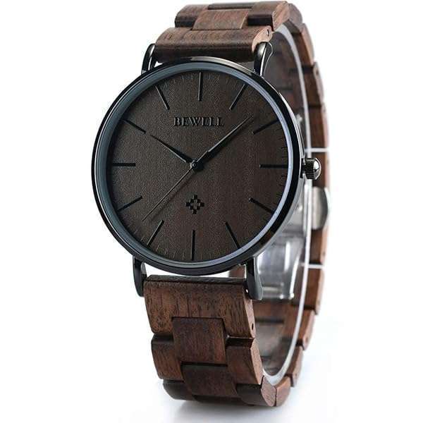 BEWELL BEWELL Slim Wooden Watches for Men & Women - Minimalist Analog Quartz Couple Wrist Watch W163A (Black) - View 2 of 7