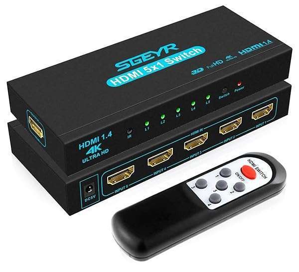 SGEYR SGEYR 5x1 HDMI Switcher: 5 Port Selector with IR Remote, 4K@30Hz Ultra HD, 3D Support - Perfect for Home Theater!