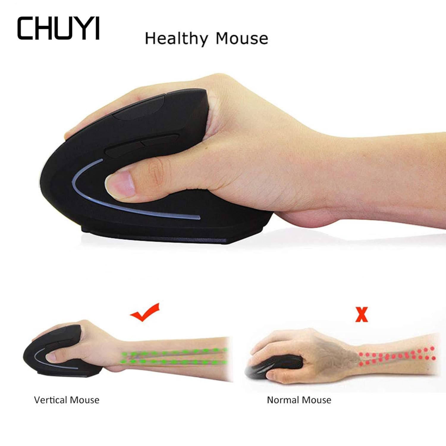 CHUYI CHUYI Ergonomic Vertical Wired Mouse 3200 DPI LED Backlit 5 Buttons Optical Mouse for PC Laptop Right Hand Black - View 2 of 7