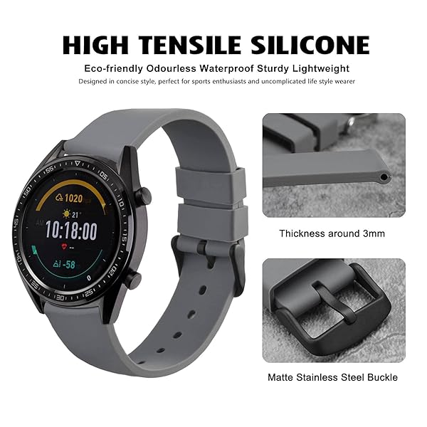 WOCCI WOCCI 20mm Premium Silicone Rubber Watch Bands Replacement Straps with Black Buckle in Gray - View 2 of 9