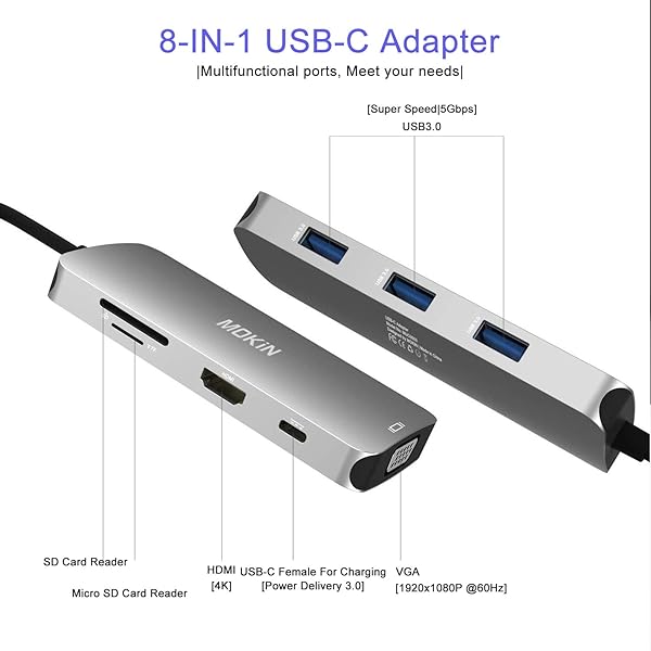 MOKiN USB C HDMI Adapter for MacBook Pro 2018 2017 8 in 1 4K HDMI 1080P VGA SD MicroSD Card Reader 3 Ports USB 3.0 Power Pass Through - View 3 of 8
