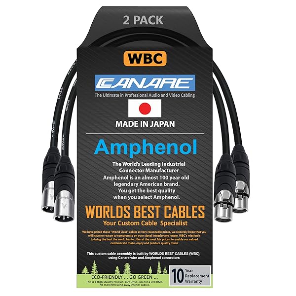 WORLDS BEST CABLES Worlds Best Cables 2 Units 1 Foot Canare L-4E6S Star Quad Balanced Microphone Cables with Amphenol AX3M AX3F Silver XLR Connectors - View 2 of 9