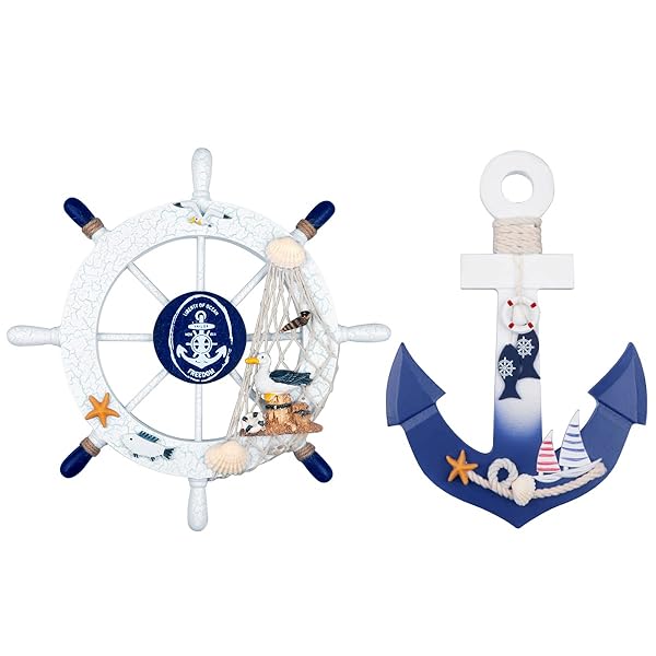 Meching "2 Pack Nautical Beach Decor: 11" Wooden Ship Wheel & Anchor Wall Art - Perfect for Coastal Home Decoration"