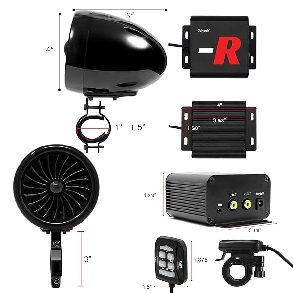 GoHawk GoHawk TJ4-R Waterproof Bluetooth Motorcycle Speakers & Amplifier for Harley, ATV, Cruiser - AUX & FM Radio - View 8 of 10