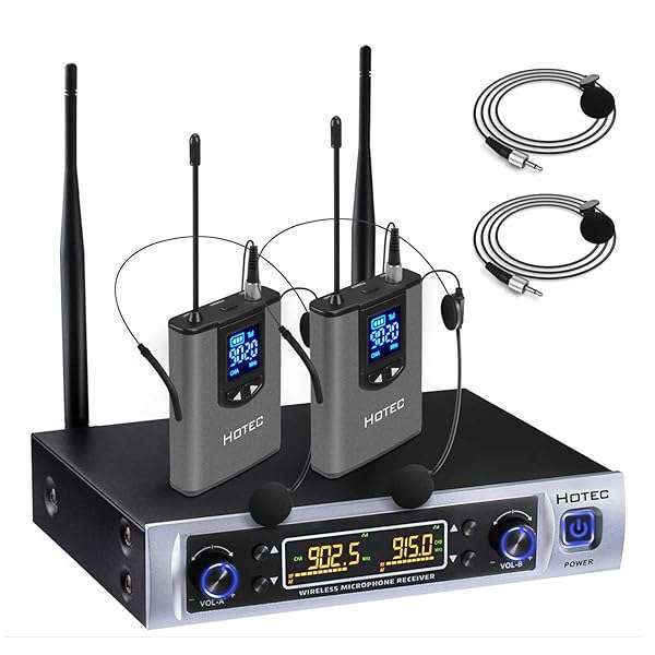 HOTEC HOTEC UHF Wireless Microphone System: Dual Lapel & Headset Mics for Church, Training, Karaoke & Interviews (H-K25)