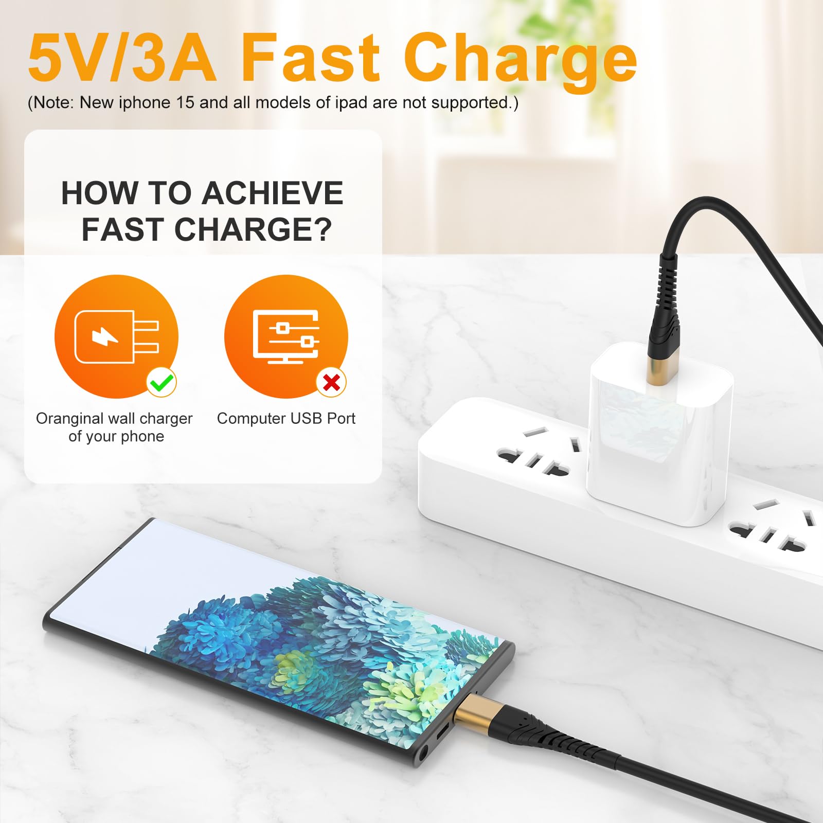 Icseio USB Type C Charger Cable Fast Charging 10ft Extra Long 2Pack for Samsung Galaxy S20 S10 S9 Note 10 LG V50 V40 V30 V20 - View 6 of 8