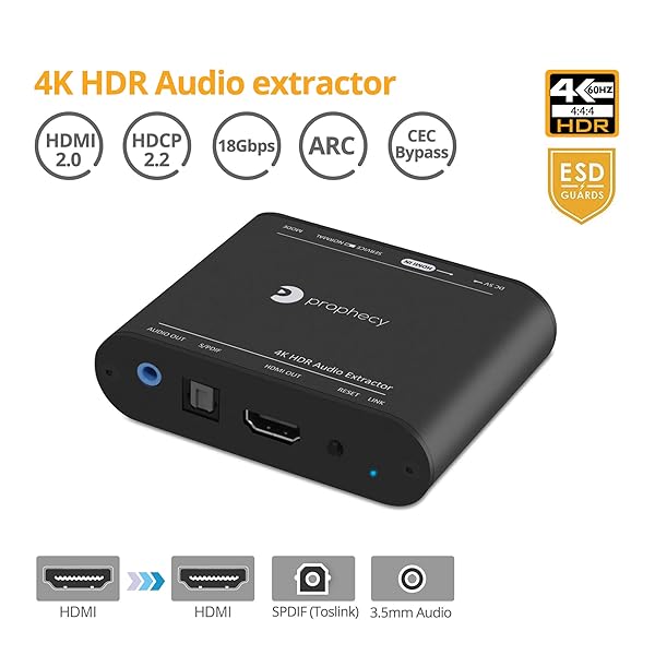 gofanco gofanco Prophecy HDMI 2.0 Audio Extractor Repeater 4K 60Hz HDR HDCP 2.2 18Gbps EDID CEC Pass-Through Audio Extraction S/PDIF Toslink Stereo - View 3 of 10