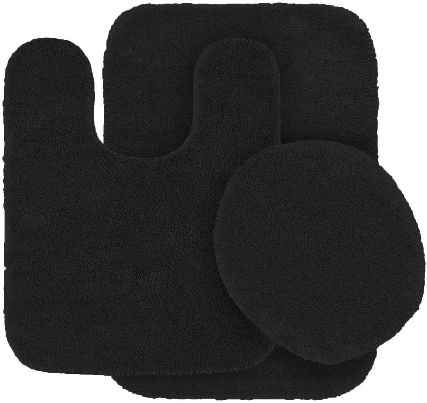 Fancy Linen LLC Fancy Linen 3pc Solid Non-Slip Bath Mat Set U-Shaped Contour Rug Mat Toilet Lid Cover Black
