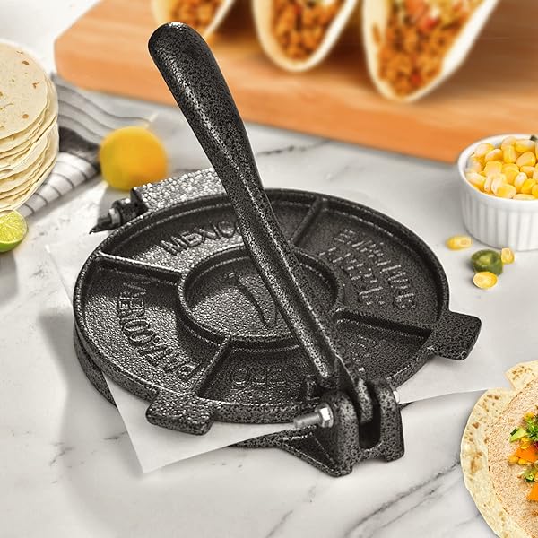 ARC Advanced Royal Champion ARC 8-Inch Cast Iron Tortilla Press with 100 Pcs Parchment Paper - Heavy Duty Taco Maker & Roti Press in Black Gray