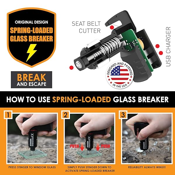 Ztylus The Punisher Stinger USB Car Charger Emergency Escape Tool with Window Breaker Seat Belt Cutter and Dual USB Ports Max 2.4A Red Design - View 3 of 6