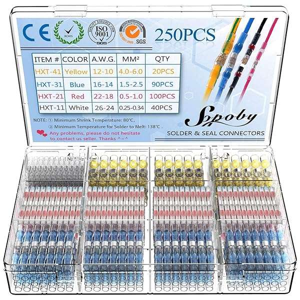 Sopoby 250PCS Solder Seal Wire Connectors - Waterproof Heat Shrink Terminals for Automotive & Marine Use