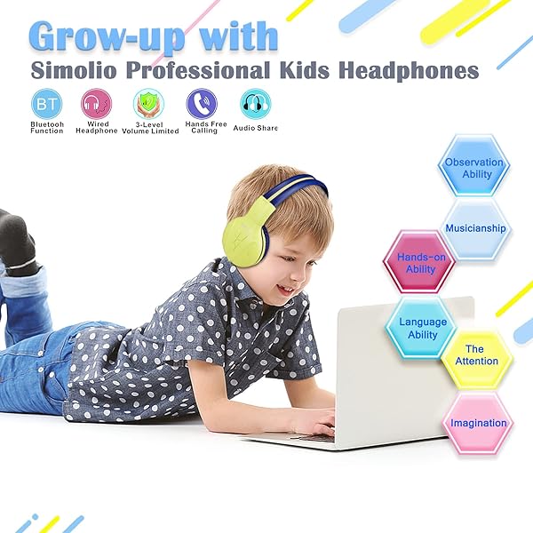 SIMOLIO SIMOLIO Kids Wireless Bluetooth Headphones with Microphone Volume Limit Foldable Over-Ear Headset for Boys Girls Children Yellow - View 4 of 7