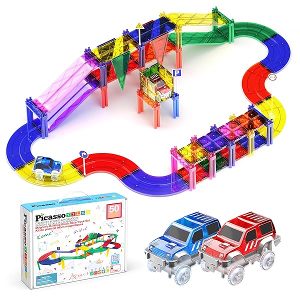 PicassoTiles PicassoTiles 50-Piece Race Car Track Set: Magnetic Building Blocks for STEM Learning & Fine Motor Skills