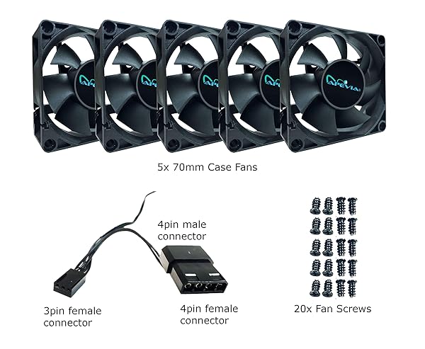 Apevia APEVIA 70mm Black Case Fan 4PIN Molex 3PIN Adapter CF7025S-5 Pack of 5 for Efficient Cooling - View 5 of 5