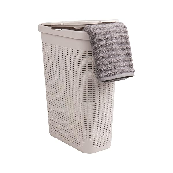 Mind Reader Mind Reader 40L Slim Laundry Hamper - Wicker Design, Lid, Plastic, Ivory - Perfect Clothes Basket for Small Spaces