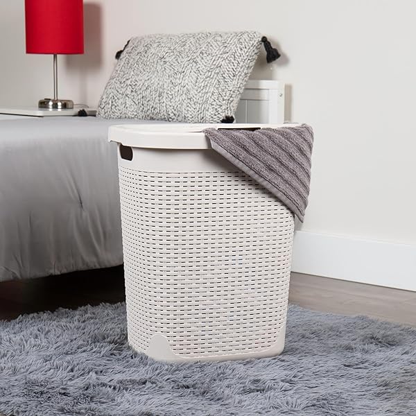 Mind Reader Mind Reader 50L Slim Laundry Hamper - Wicker Design, Lid, Plastic, Ivory - Perfect Clothes Basket for Small Spaces - View 3 of 8