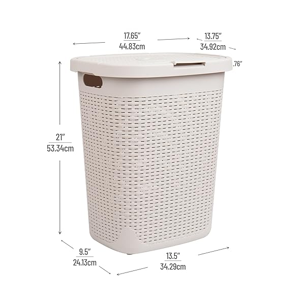 Mind Reader Mind Reader 50L Slim Laundry Hamper - Wicker Design, Lid, Plastic, Ivory - Perfect Clothes Basket for Small Spaces - View 4 of 8