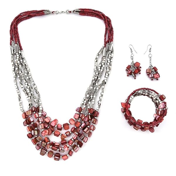 SHOP LC DELIVERING JOY Shop LC Handmade Chunky Red Beaded Jewelry Set: Necklace, Bracelet & Earrings for Women - Perfect Boho Beach Gifts!
