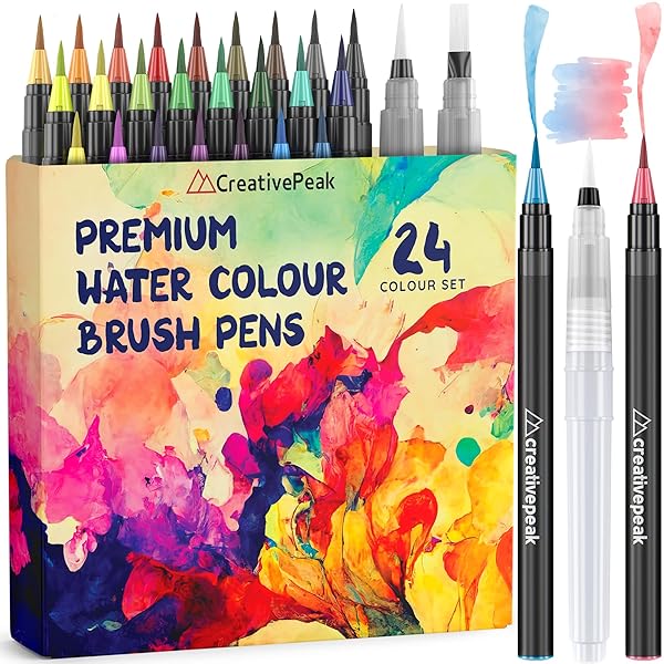 Creativepeak Watercolor Brush Pens 24 Vibrant Soft Tip Markers with Blending Brushes Premium Art Supplies for Calligraphy Lettering Coloring Journaling