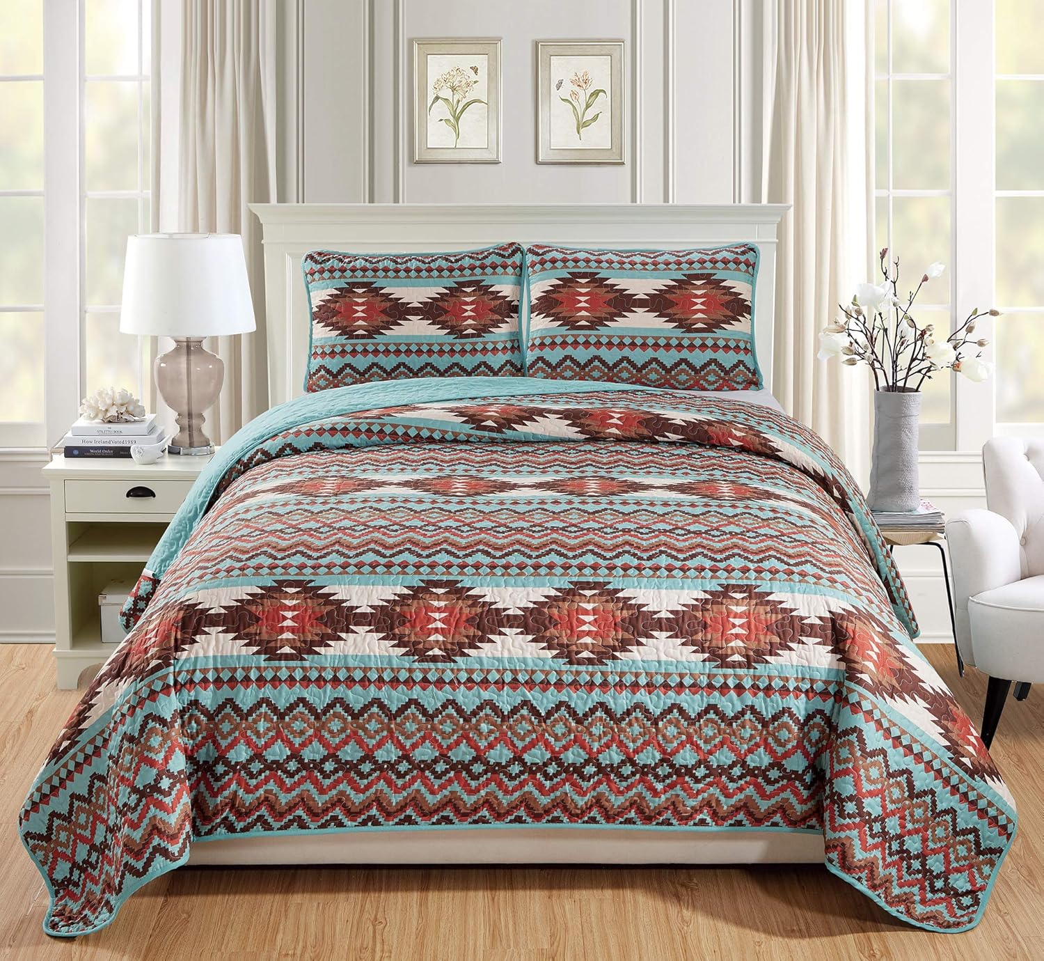 Rugs 4 Less Utah Rustic Western Native American Grommet Window Curtains Set in Turquoise Blue and Brown with Tribal Patterns - View 6 of 9