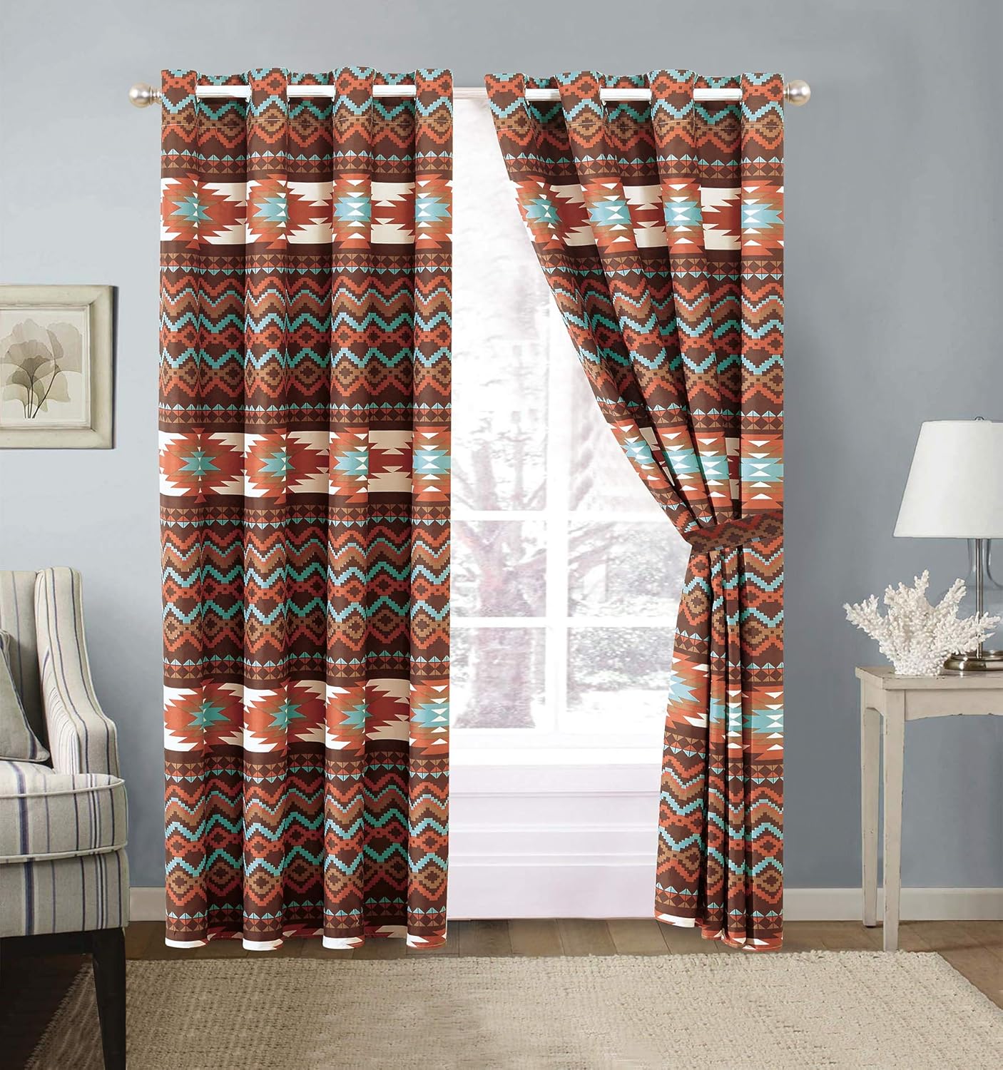 Rugs 4 Less Utah Rustic Western Native American Grommet Window Curtains Set in Turquoise Blue and Brown with Tribal Patterns - View 7 of 9