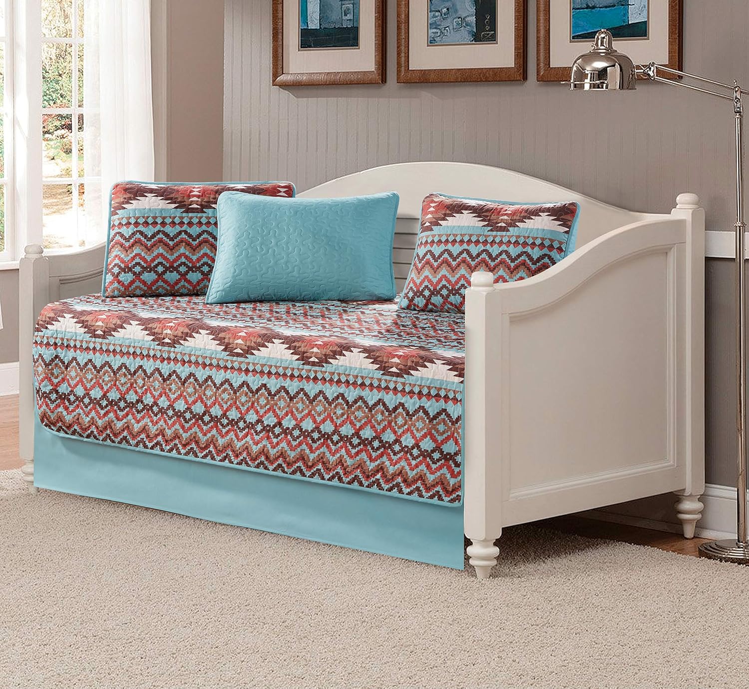 Rugs 4 Less Utah Rustic Western Native American Grommet Window Curtains Set in Turquoise Blue and Brown with Tribal Patterns - View 8 of 9