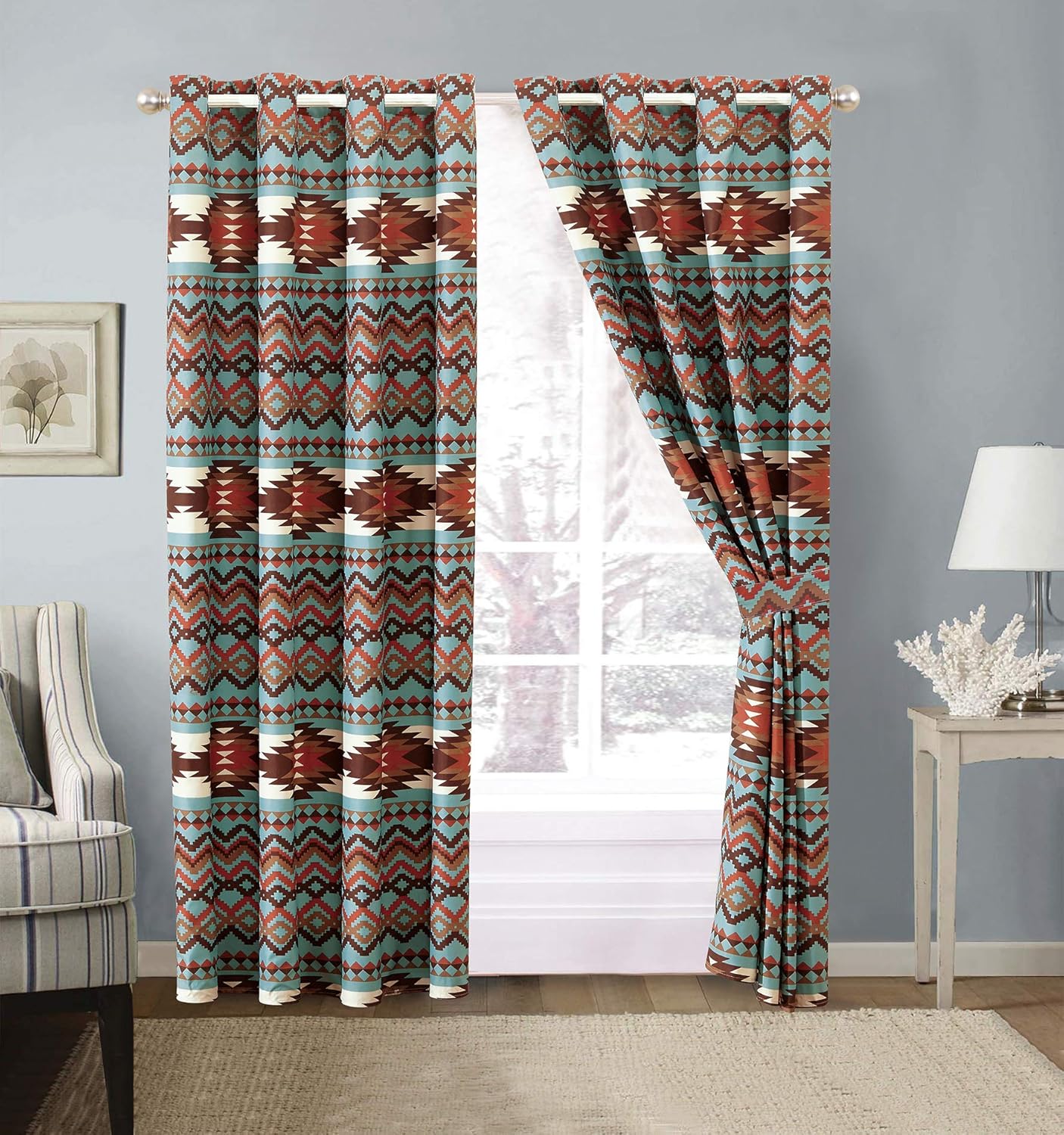 Rugs 4 Less Utah Rustic Western Native American Grommet Window Curtains Set in Turquoise Blue and Brown with Tribal Patterns