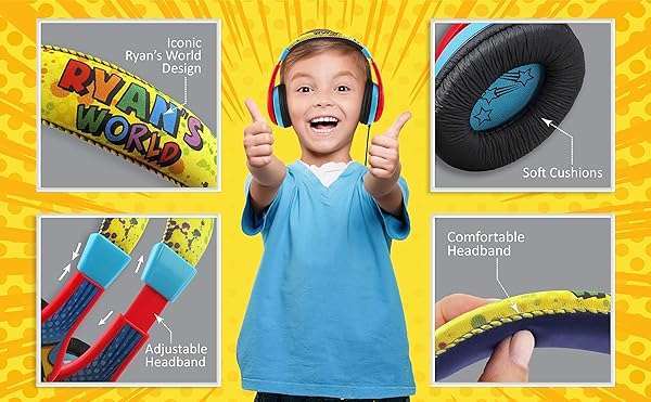 eKids Ryans World Kids Headphones: Adjustable, Tangle-Free, Volume Control & Foldable for School & Travel - View 4 of 11