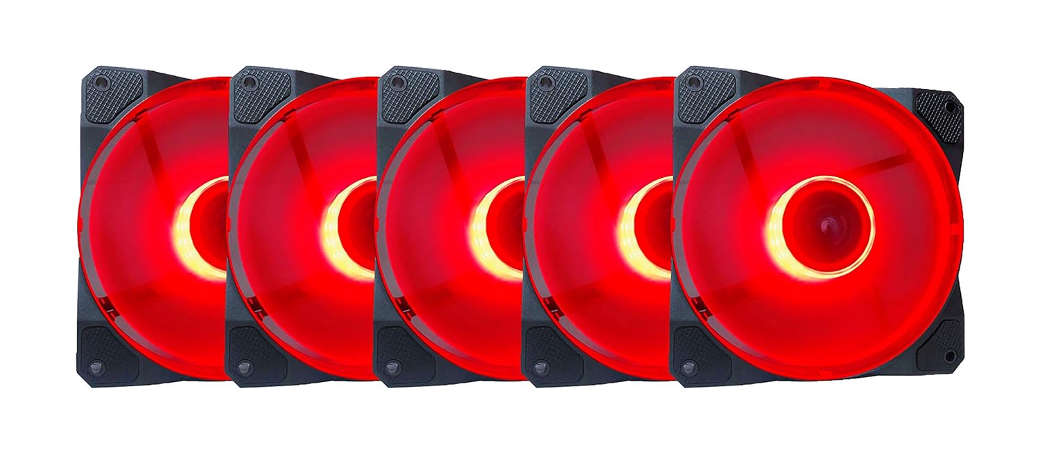 Apevia Apevia CO512L-RD Cosmos 120mm Red LED Ultra Silent Case Fan Pack of 5 with 16 LEDs and Anti-Vibration Rubber Pads