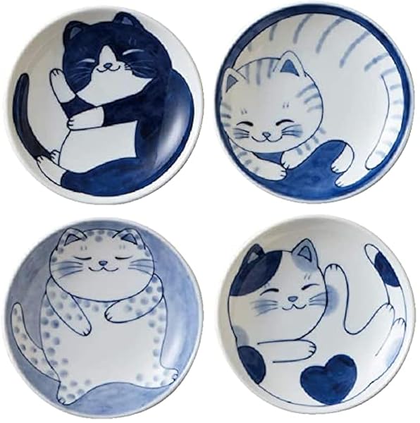 MINO WARE MINO WARE Cute Cat Ceramic Plate Set - 4 Small Dishes for Appetizers, Sushi & Desserts (3.94 x 0.8 Inches)