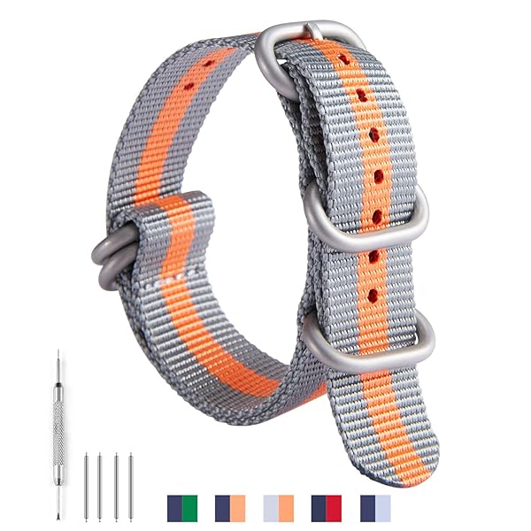BINLUN BINLUN Thick Nylon Watch Strap Replacement for Men 18mm 20mm 22mm 24mm Military Heavy Duty with Silver Black Buckle Grey Orange Band - View 2 of 6