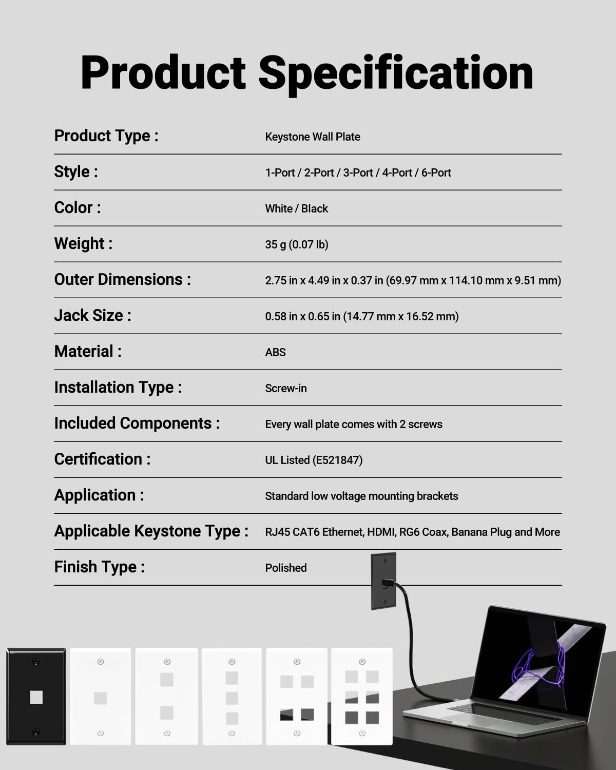 VCE VCE 1 Port Keystone Wall Plate UL Listed 10 Pack Single Gang Wall Plates for RJ45 Keystone Jack Modular Inserts White - View 4 of 8