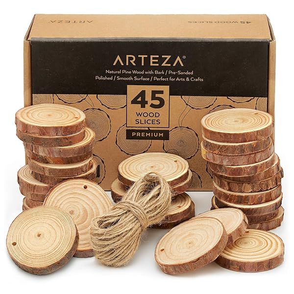 ARTEZA ARTEZA Natural Wood Slices 45 Pieces 2.4-2.8 Inch Round Pine Discs for Crafts Christmas Ornaments Centerpieces and Paintings Brown Small - View 2 of 10