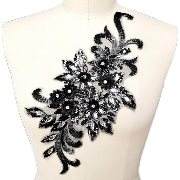 3D Colorful Flower Mesh Embroidered Rhinestone Lace Beaded Applique 7.5x15 Inch DIY Trim for Clothes Accessories Black