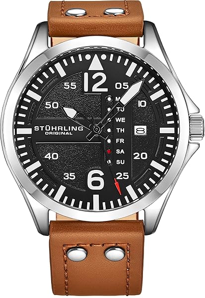 Stuhrling Original Stuhrling Original Men's Aviation Leather Watch - Quick-Set Day-Date, Steel Rivets & Stylish Design