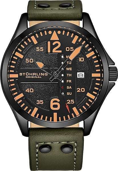 Stuhrling Original Stuhrling Original Mens Leather Watch -Aviation Watch, Quick-Set Day-Date Leather Band with Steel Rivets,