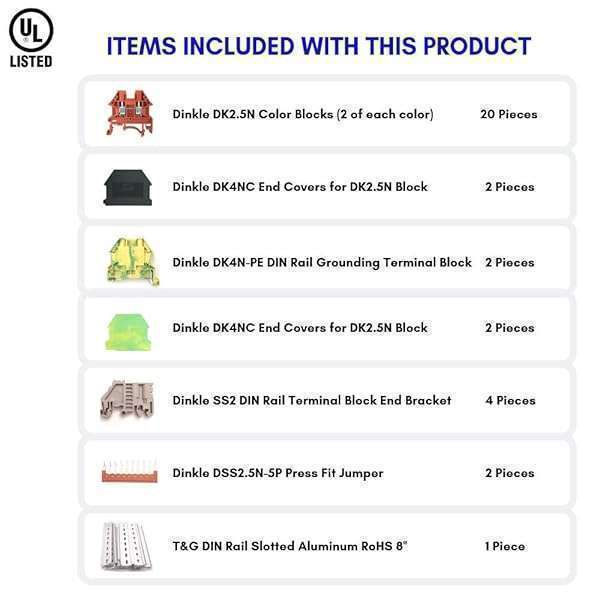 International Connector Buy Dinkle DK2.5N DIN Rail Terminal Blocks Kit - 20A, 600V Connectors for 12-22 AWG with Ground Blocks & Accessories - View 4 of 9