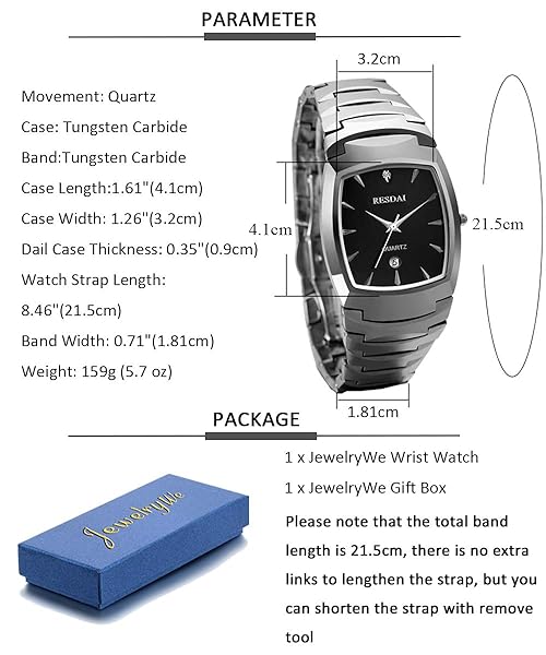 JewelryWe JewelryWe Men's Tungsten Carbide Bracelet Watch with Square Dial Quartz Perfect Gift for Him this Christmas - View 8 of 8