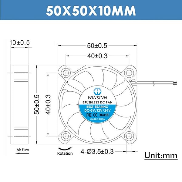 WINSINN WINSINN 50mm 12V Cooling Fan 6000 RPM Dual Ball Bearing Replacement for 3D Printers and Small Appliances 5 Pack - View 3 of 5