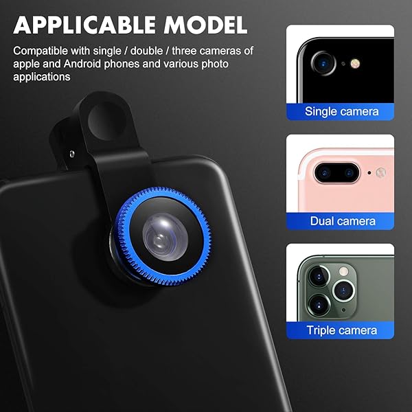 Hemobllo 3-in-1 Hemobllo Mobile Phone Lens: Super Wide Angle, Macro & Fisheye for iPhone 6S/7/8/X - Clip-On, Portable & Stylish (Blue) - View 5 of 10