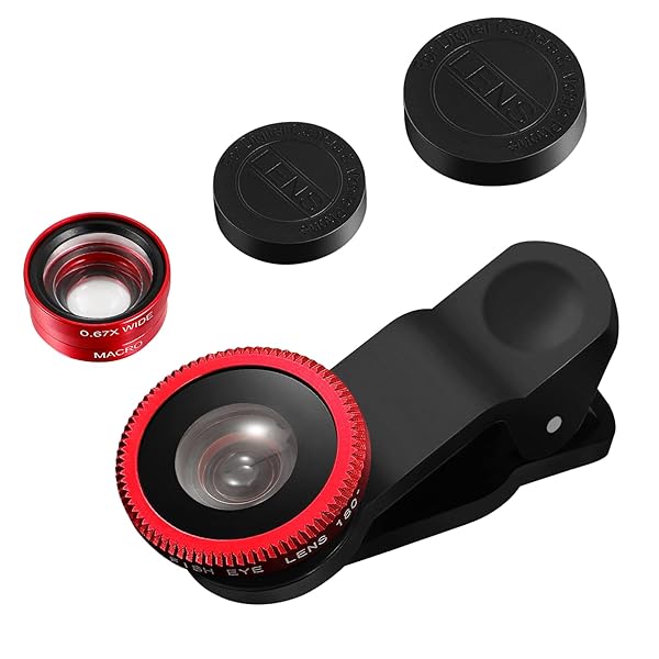 Hemobllo 3-in-1 Hemobllo Mobile Phone Lens: Super Wide Angle, Macro & Fisheye for iPhone 6S/7/8/X - Clip-On Red Lens