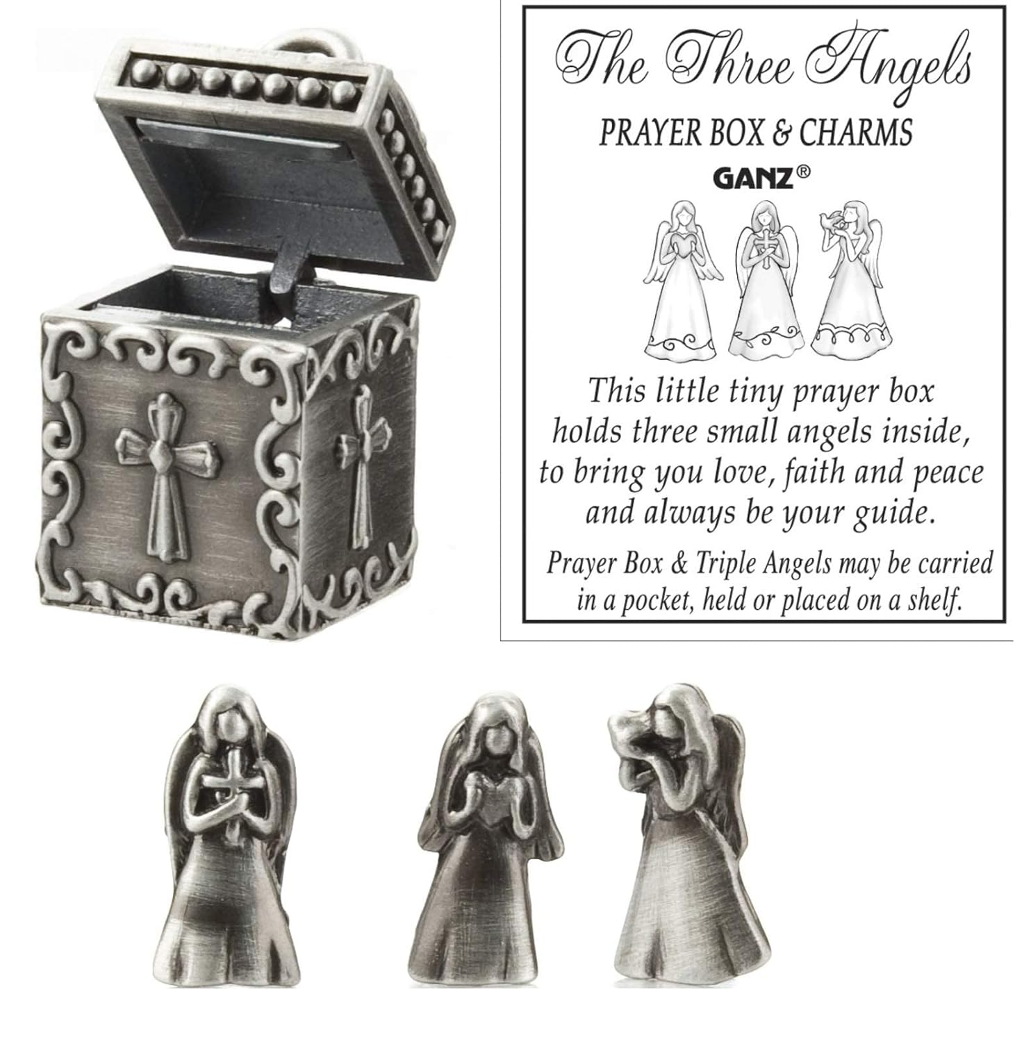 Ganz Ganz Angel Prayer Box Trinket with Triple Angels Charm in Pewter for Spiritual Blessings and Protection
