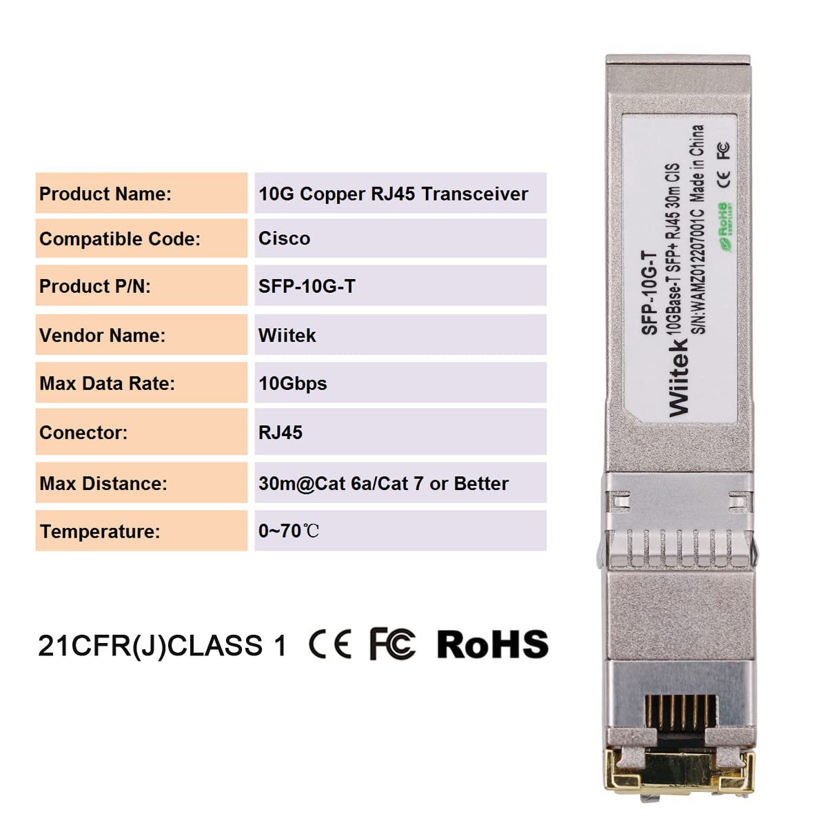 Wiitek Wiitek 10Gb SFP+ to RJ45 Modules Compatible with Cisco Ubiquiti Netgear Mikrotik Unifi for High Speed Ethernet Connections - View 3 of 9