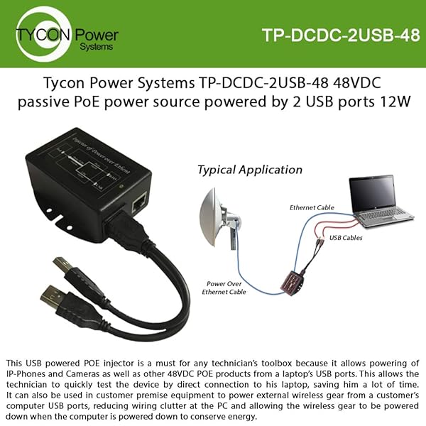Tycon Dual USB Input 48V 12W Passive POE Output 10/100MB with PoE Pinout 4 5V Plus 7 8V Minus - View 3 of 3