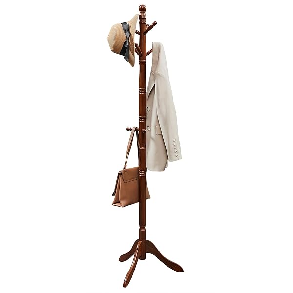 VASAGLE VASAGLE Solid Wood Coat Rack - 10 Hook Free Standing Hall Tree for Entryway & Hallway in Dark Walnut
