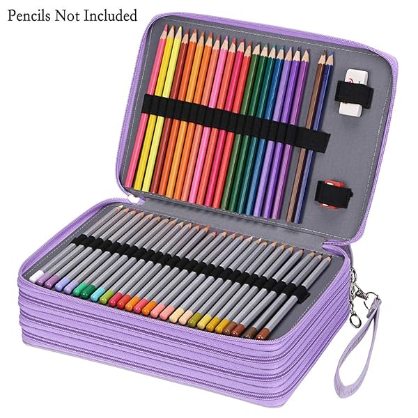 BTSKY BTSKY 200 Slots Colored Pencil Organizer Deluxe PU Leather Case with Handle for Colored and Watercolor Pencils in Purple - View 2 of 7