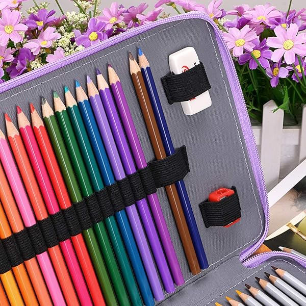 BTSKY BTSKY 200 Slots Colored Pencil Organizer Deluxe PU Leather Case with Handle for Colored and Watercolor Pencils in Purple - View 6 of 7