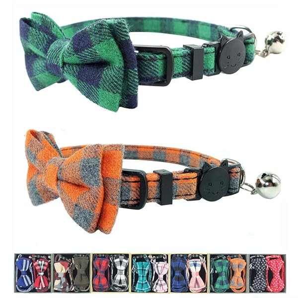 Pipidog Adjustable Cat Collar Breakaway with Bell and Bow Tie Set of 2 Plaid Design for Kittens 6.8 to 10.8 inches Green and Orange